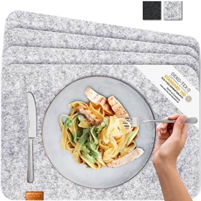 Image of MIQIO® Scandi Style Felt Place Mats &amp; Leather Washable Set of 4 Placemats 44x30 cm Table for Decoration Light Grey