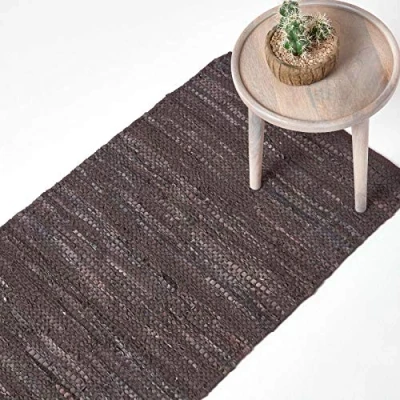 Image of HOMESCAPES leather Runner Denver Brown 66x200cm. Recycled Eco Friendly 100% real rug, Hall Runner.