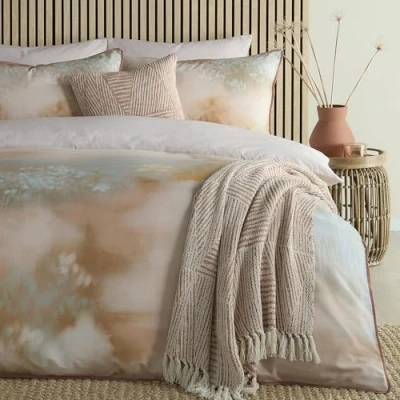 Image of Appletree Terracotta &amp; Dusky Green Sky Duvet Cover Single Bedding Size (140 x 200cm) 100% Cotton 2 Pillowcases Cloudy Ombre in Natural