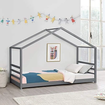 Image of [en.casa] Children&#039;s bed Vardø with Slatted frame and grid 90 x 200 cm House Youth pine wood Dark grey