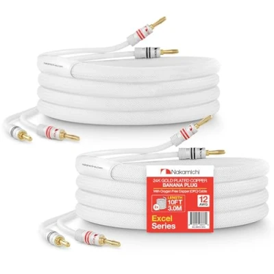 Image of Nakamichi Excel Series 24k Gold Plated Banana Plug with (10 Feet) Speaker Cable Wire 99.9% Oxygen Free Copper (OFC) Heavy Duty Braided In Wall CL2 Rated White (12AWG / 10ft 3.0m) 2 Pack