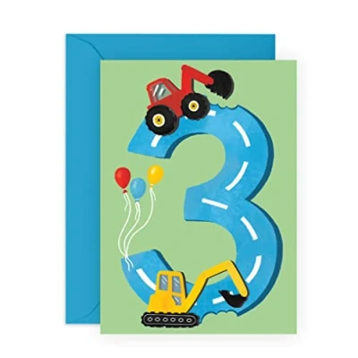 Image of Central 23 Third Birthday Card for Boys Happy 3rd Age 3 Three Year Old Tractors Greeting Fun Construction Vehicle Themed Kids Son, Grandson, Toddler