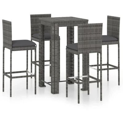 Image of vidaXL 5 Piece Garden Bar Set with Cushions Poly Rattan Grey