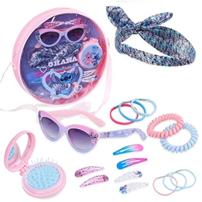 Image of Disney Girls Handbag, Shoulder Bag with Hair Accessories and Sunglasses Gifts for (Pink/Blue Stitch)