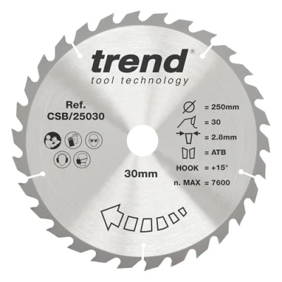 Image of Trend Wood Circular Saw Blade, 250mm Diameter, 30mm Bore, 30 Teeth, TCT, 3mm Kerf, +15 Hook, CSB/25030
