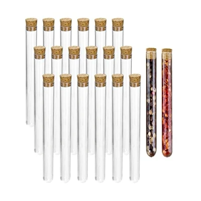 Image of QWORK Pack of 20 Test Tubes with Corks 16 x 150 mm ml Plastic Transparent for Weddings, Flowers, Bath Salts, Main Decoration