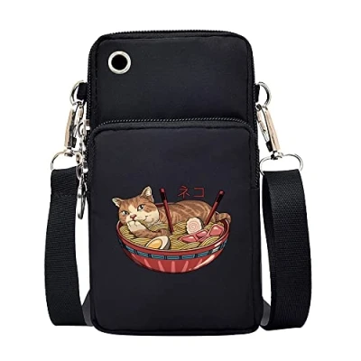 Image of FINDING CASE Japan Cat Printed Women Girls men Zipper Waterproof Nylon 3 Layers Crossbody Bags Wallet Cellphone Purse Shoulder Bag Wristlet Handbags Adjustable Strap (Cat in Basket)