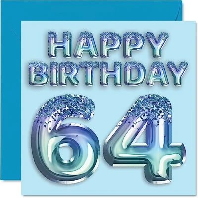 Image of 64th Birthday Card for Men Blue Glitter Party Balloon Happy Cards 64 Year Old Man Uncle Grandad Dad Grandpa Gran, 145mm x Sixty Four Fourth Bday Greeting Gift