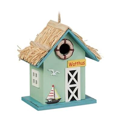 Image of Relaxdays Decorative Bird House, Beach House Style, H x W D: 24.5 19 13.5 cm, Wood, Colourful