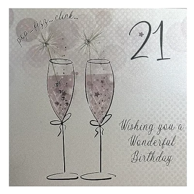 Image of White Cotton Cards Wishing You a Wonderful 21st Birthday Handmade Card with Champagne Glasses, White, BDF21