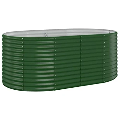 Image of vidaXL Garden Raised Bed Powder Coated Steel Planter, Rust Resistant Outdoor Flower Bed, Oval Shape, Green, Ample Space for Vegetables, Herbs, and Flowers, 175x100x68 cm