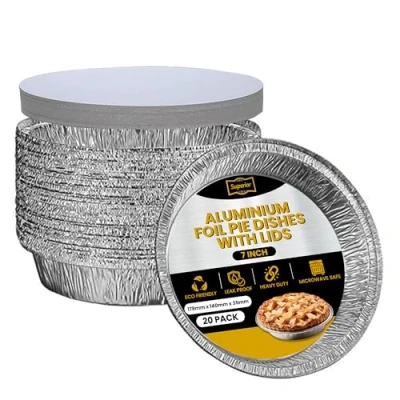 Image of Superior Foil Pie Dishes 7 inch Round Pack of 20 Cases with Lids Durable Oven Freezer Safe Disposable Aluminium Flan for Baking Storage Takeaway