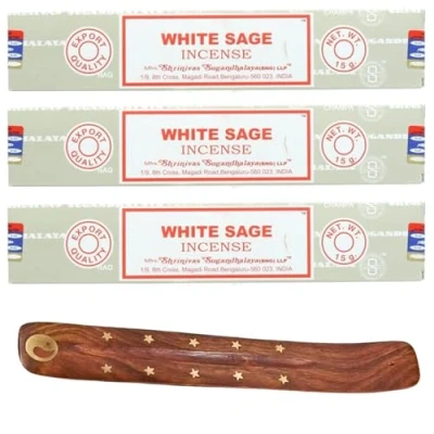 Image of 3x15g Incense Sticks with Holder for Meditation, Aromatherapy, Spa, Yoga, Relaxation, Healing, Weddings, Spirituality and Positivity (WHITE SAGE 3PK)