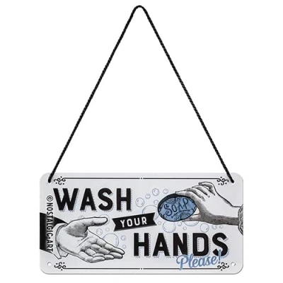 Image of Nostalgic Art Retro Hanging Sign, 10 x 20 cm, Wash Your Hands Gift Idea for Home, Metal, Vintage Design with Saying