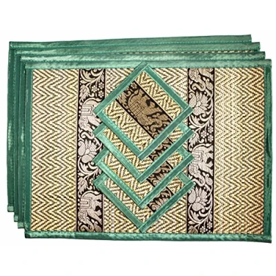 Image of Hand Woven Wicker Reed Placemats and Coaster Set Alternative to Plastic Heat Resistant Thai Style Durable Clean Perfect for Dining Table Décor of 4 (Medium Teal Green)