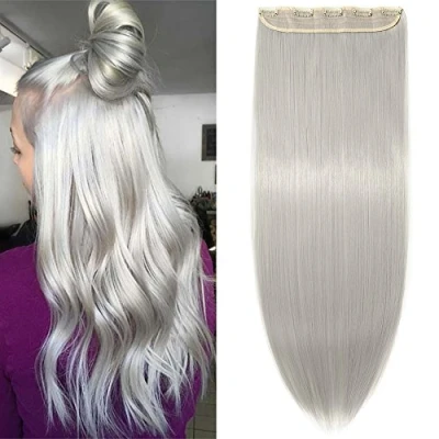 Image of 26&quot; Straight Hair Extensions Clip in One Piece Silky Women Pieces Synthetic Silver Grey(Length:66cm,Weight:120g)