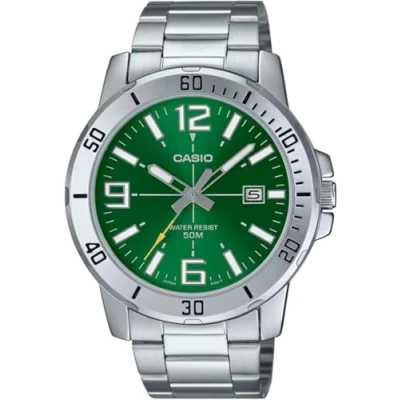 Image of Casio MTP VD01D 3BV Men&#039;s Enticer Stainless Steel Green Dial Casual Analog Sporty Watch,