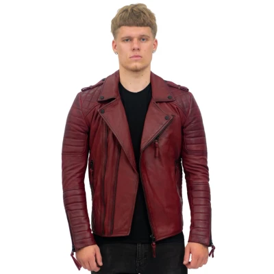 Image of Infinity Leather Mens Slim Fit Double Zip Brando Biker Jacket Cairo Burgundy Size X Large