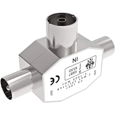 Image of TV Aerial Coax Splitter, Coaxial Metal Housing, 2 Way 1 Female to Male Adapter Connector Joiner