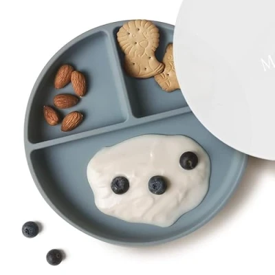 Image of Moonkie Suction Plates for Babies &amp; Toddlers BPA Free Weaning Plate with Lid Silicone Divided Microwave and Dishwasher Safe 1 Pack (Ether)