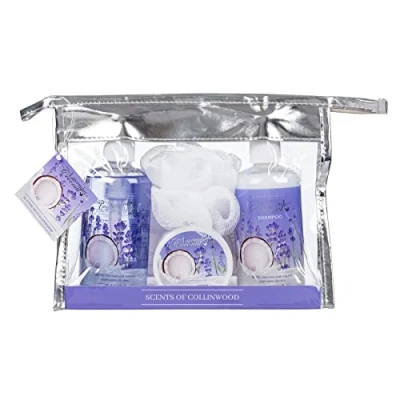 Image of Scents of Collinwood 4 Piece Women’s Classic and Elegant Lavender Coconut Scent Bath Set Includes Shower Gel, Shampoo, Body Butter a Puff,Purple