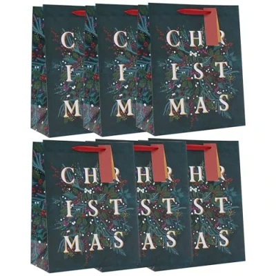 Image of UK Greetings Multipack of 6 Large Christmas Bags Luxury Foliage Design