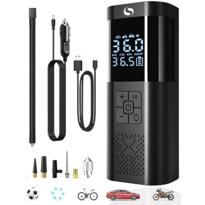 Image of SERVOMASTER Tyre Inflator Air Compressor, Mini Portable Compressor with Pressure Gauge, Battery Operated 150 PSI 12V DC, Car Pump LED Light for Cars, Motorcycles, Bicycles and Balls