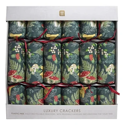 Image of Talking Tables Eco Handmade Christmas Crackers in Woodland Forest Mushroom Design Pack of 6 Contains Paper Hat, Joke &amp; Tree Decoration Plastic Free, Recyclable Tableware for Xmas, Boxing Day, Green