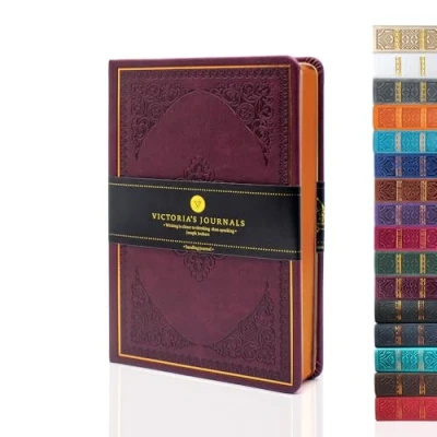 Image of VICTORIA&#039;S JOURNALS Leatherette Vintage Journal Hard Cover Lined Notebook Old Looking Travel Diary (Burgundy, B6)