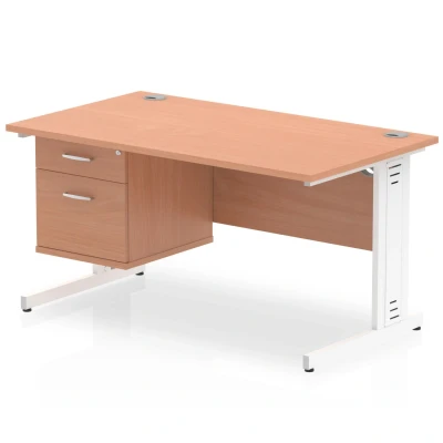 Image of Impulse 1400x800 Desk Beech White Cable Managed Leg + Fixed Pedestal