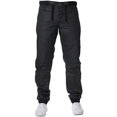 Image of Enzo Mens Black Coated Denim Cuffed Jogger Jeans 38 W X32L