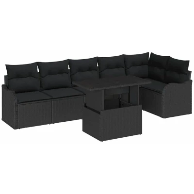 Image of vidaXL 7 Piece Garden Sofa Set with Cushions Black Poly Rattan