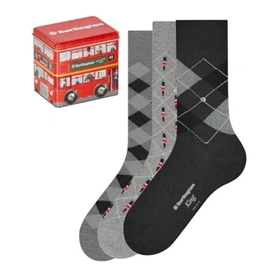 Image of Burlington Men&#039;s British Box 3 Pack M SO Cotton Patterned Pairs Socks, Multicolor (Grey Black 0020), 6.5 11