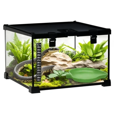Image of PawHut Glass Reptile Terrarium Insect Breeding Tank Vivarium Habitats with Thermometer for Lizards, Horned Frogs, Snakes, Spiders Small 30 x 20cm