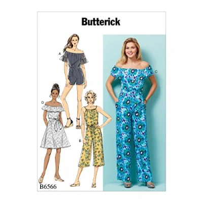 Image of Butterick Patterns 6566 Y Sizes x Small Medium Misses&#039; Petite Dress/Romper/Jumpsuit and Sash, Tissue, Multi Colour, 17 0.5 22 cm