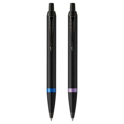 Image of Parker IM Premium Ballpoint Pen Set Matte Black with Marine Blue &amp; Amethyst Purple Rings Ink Gift Boxed of 2 Pens