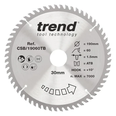 Image of Trend Wood Cordless Circular Saw Blade, 190mm Diameter, 30mm Bore, 60 Teeth, 1.5mm Kerf, +10 Hook, TCT, Extra Fine Finish, CSB/19060TB