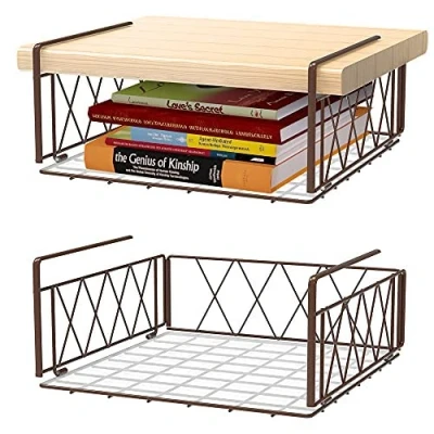 Image of Hanging Basket Shelf, Pack of 2 Metal Baskets, Under Cabinet, Storage Baskets for Kitchen, Pantry, Office, Desk (Bronze)