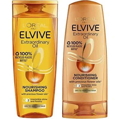 Image of L&#039;Oreal Elvive Extraordinary Oil Nourishing Shampoo &amp; Conditioner Set for Dry to Very Hair, 400ml bottle of each, Irresistible Shine Fluidity