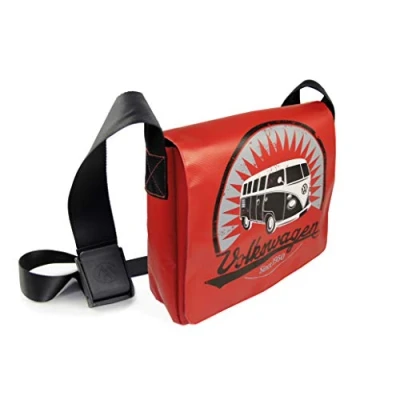 Image of BRISA VW Collection Volkswagen Vintage Outdoor Shoulder Messenger Bag made of Tarpaulin in T1 Bus Design (Large/Vintage/Red)