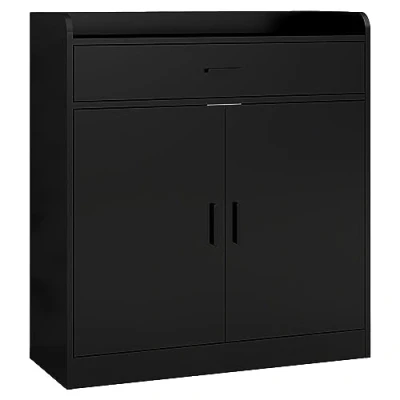 Image of Panana Wooden Shoe Cabinet, 2 Door 1 Drawer Freestanding Wall Hidden Rack Cupboard Hallway Storage Footwear Organiser Sideboard Unit (Black)