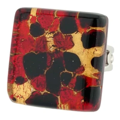 Image of GlassOfVenice Murano Glass Venetian Reflections Square Adjustable Ring Black Red