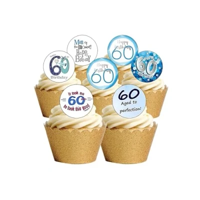 Image of 24 Precut Man Age 60 Sixty Sixtieth 60th Birthday Edible Wafer Paper Cake Toppers Decorations