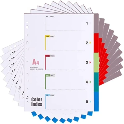 Image of [10 Pack] A4 File Dividers Index 5 Part, Multi Colour Tabs Plastic Subject Pre Punched 11 Hole for Office School Home