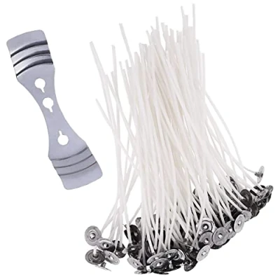 Image of Body Plus 100 Pcs Candle Wicks, 150mm Long Pre Waxed Wicks with Metal Tabs and 3 Hole Wick Holder Lasting Low Smoke Ideal for Making DIY Candles, White