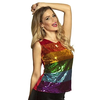 Image of Boland 02052 Women&#039;s Sequin Rainbow Various Sizes Glitter Top Disco Queen Outfit Costume Theme Party Carnival, Multicoloured, M
