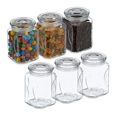 Image of Relaxdays Set of 6, Jars, Airtight Lids, 750ml Each, Dry Food Storage, HWD: 14.5x9.5x9.5 cm, Glass, Transparent, 14.5 x 9.5 cm