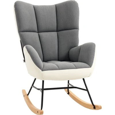 Image of HOMCOM Rocking Chair for Nursery, Upholstered Wingback Armchair with Steel and Wood Legs Living Room, Bedroom, Balcony, Grey Cream