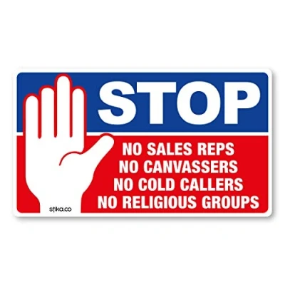 Image of stika.co Stop Cold Calling Door Sticker No Callers Religious Groups Salesmen Traders Weatherproof Sign by (White Static Cling Window Vinyl)