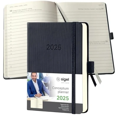 Image of SIGEL C2511 Conceptum Daily Planner 2025, Approx. A6, Black, hardcover, 1 Page = Day, 400 Pages